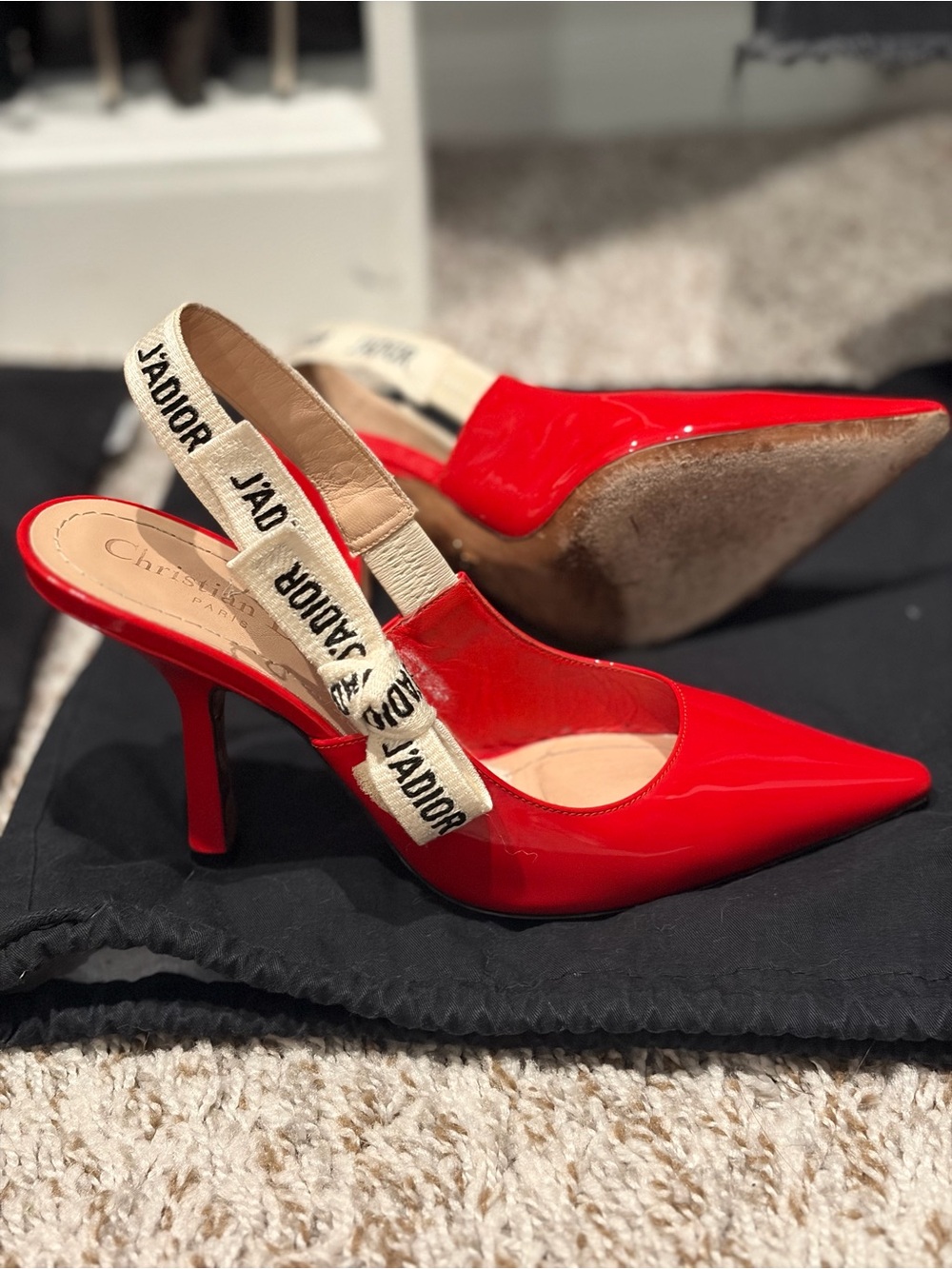 Dior Red Patent J'Adior Ribbon Slingback Heels
